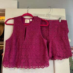Anthropologie Maeve Solid Eyelet Crochet Top and Shorts Set - Fuchsia